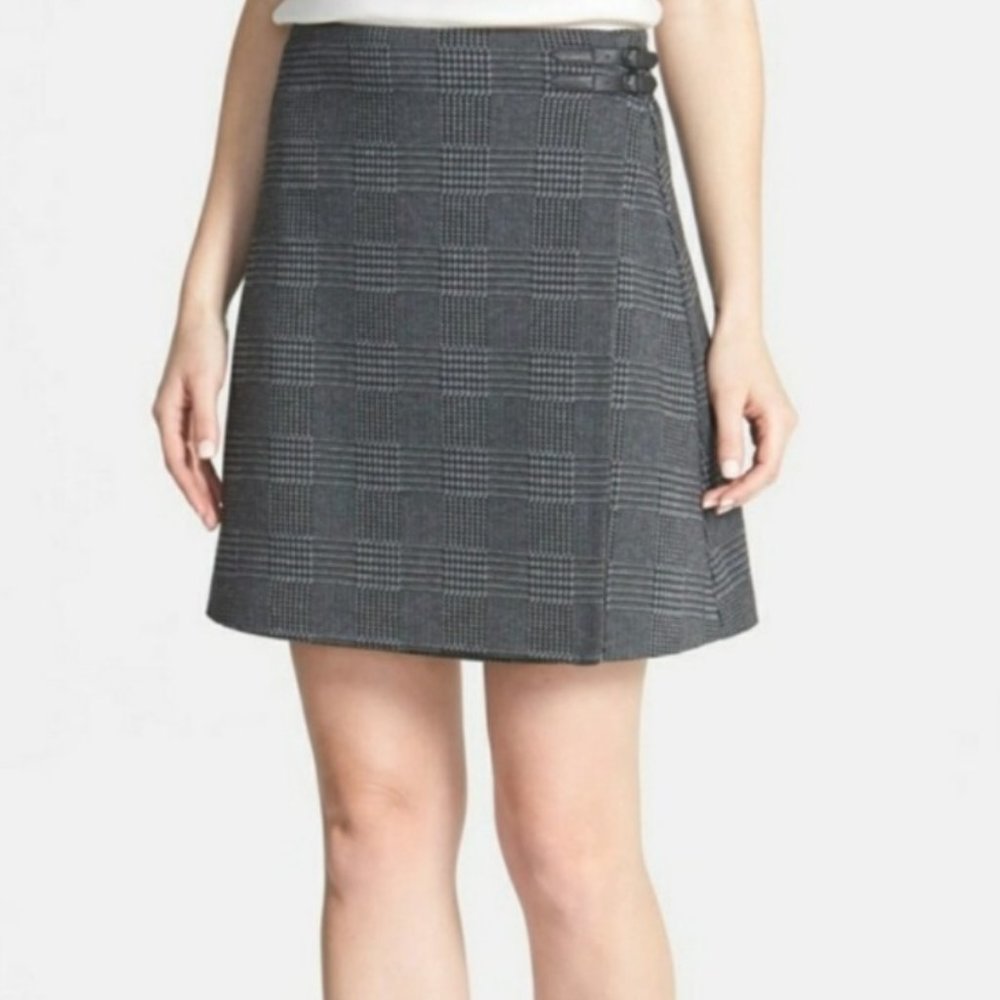Vince Camuto Houndstooth Plaid Faux Wrap Skirt